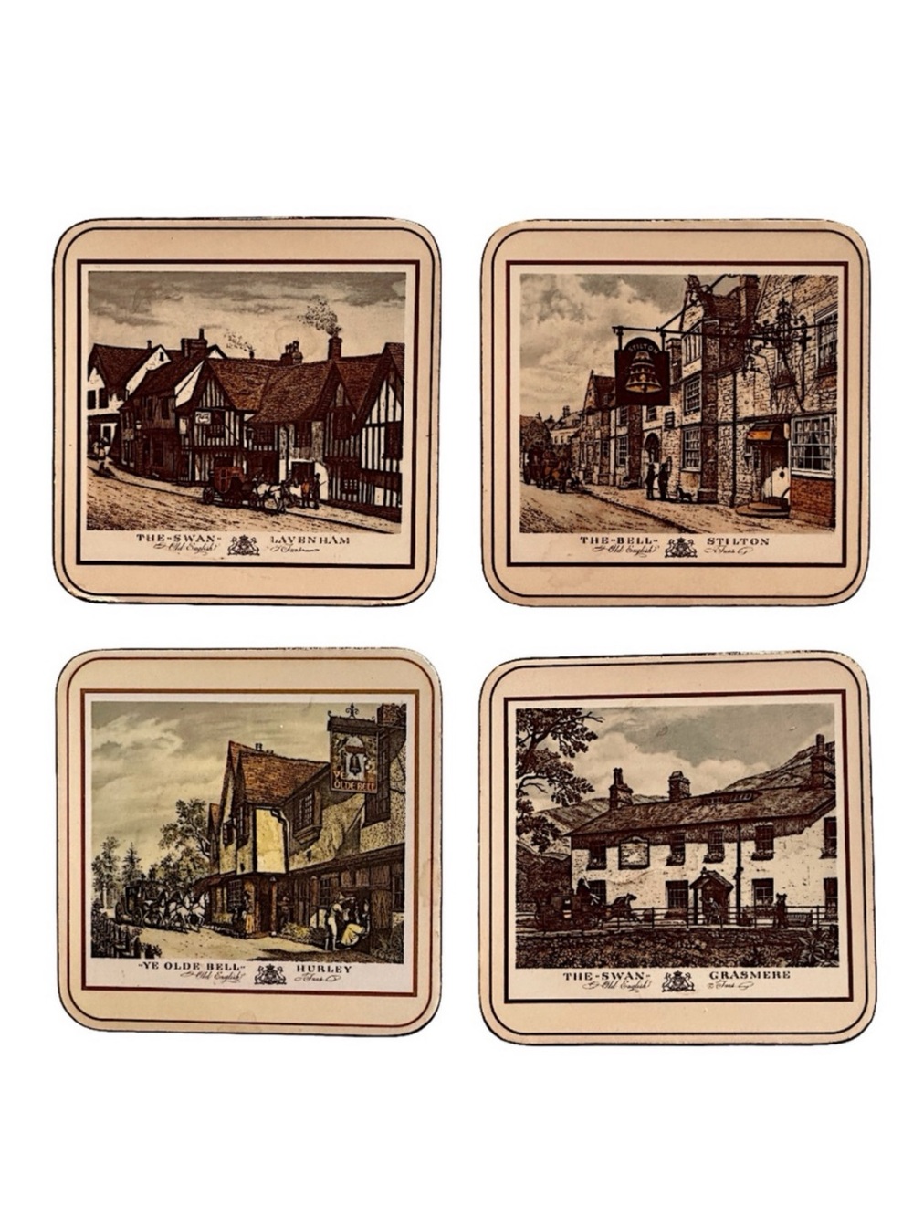 Pimpernel All English Inns Coasters Vintage Cork Back Hardboard Set of 4 4x4